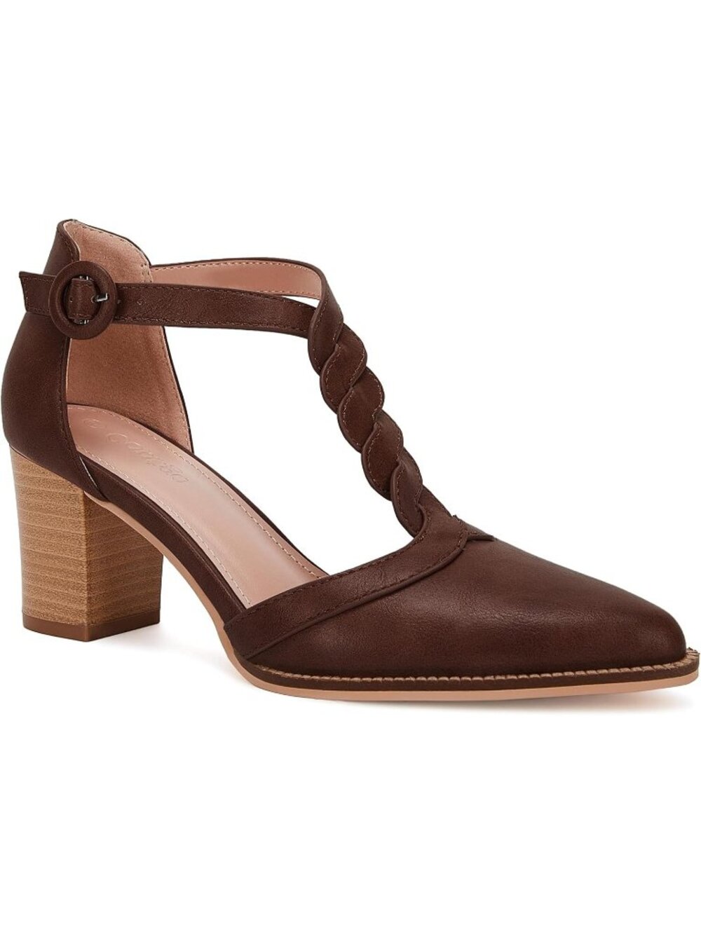 Women's Dark Brown Chunky Heels T Strap Pointed Toe Stacked Heeled Sandals Pumps
